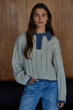 By Together Clothing Apres Polo Sweater Style W2167 in Taupe with Blue; Taupe With Blue Contrast Wide Rib Polo Style Fall Sweater