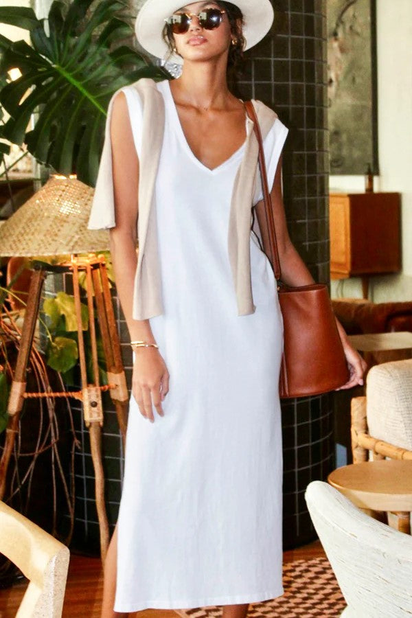 V-Neck Cotton Midi Dress White / 2(S)