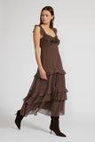 Lucy Paris Clothing Cassandra Tiered Dress Style DR3748-1 BrnCrm in Brown with Cream Polka Dots; Tiered Polka dot  Fall Dress, Perfect Thanksgiving Dress