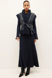 Marie Oliver Clothing BEATRICE VEST Style 855-306B-108 in Naval Blue; Quilted Vegan Leather Vest; Navy Blue Sherpa Trim Belted Fall/Winter Vest