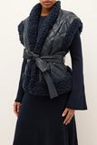 Marie Oliver Clothing BEATRICE VEST Style 855-306B-108 in Naval Blue; Quilted Vegan Leather Vest; Navy Blue Sherpa Trim Belted Fall/Winter Vest