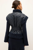 Marie Oliver Clothing BEATRICE VEST Style 855-306B-108 in Naval Blue; Quilted Vegan Leather Vest; Navy Blue Sherpa Trim Belted Fall/Winter Vest