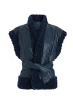 Marie Oliver Clothing BEATRICE VEST Style 855-306B-108 in Naval Blue; Quilted Vegan Leather Vest; Navy Blue Sherpa Trim Belted Fall/Winter Vest