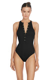 Robin Piccone Swimwear Amy 1Pc High Neck Swimsuit Style 220814 LCR in Licorice;Black ribbed 1pc Swimsuit;