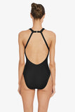 Robin Piccone Swimwear Amy 1Pc High Neck Swimsuit Style 220814 LCR in Licorice;Black ribbed 1pc Swimsuit;
