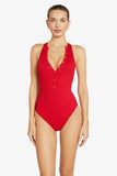 Robin Piccone Swimwear Amy 1Pc High Neck Swimsuit Style 220814 RHU in Rhubarb;Red 1pc Swimsuit;