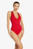 Robin Piccone Swimwear Amy 1Pc High Neck Swimsuit Style 220814 RHU in Rhubarb;Red 1pc Swimsuit;