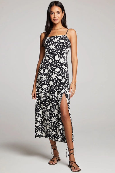 Saltwater Luxe Sully Midi Dress Style S3176-W609-Blk in Black and White Floral;Black and White Floral Spaghetti Strap Midi Dress;Black and White Floral Dress