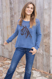 Wooden Ships Knits Saratoga Crew Cotton Style K55C2W584 in Blue Fire Brown Brick; Blue Sweater with a horse