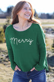 Wooden Ships Merry Embroidered Crew Cotton Sweater Style K53CPE3W976 in Gemstone Pine and Breaker White; Green Merry Embroidered Sweater; Christmas Sweater; Holiday Sweater