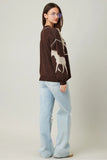 illa illa clothing Knit Horse Cozy Cardigan Style IM8672 in Brown; Brown Horsed Themed Cardigan with contrast stitching; fall horse cardigan