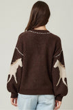 illa illa clothing Knit Horse Cozy Cardigan Style IM8672 in Brown; Brown Horsed Themed Cardigan with contrast stitching; fall horse cardigan