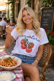 Show me your mumu Travis Tee Style MM6-934 PG02 in Pomodoro Graphic.  Women's crew neck cotton pomodoro tomato spring summer graphic tee.