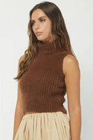 Needie Clothing Mockneck Sweater Tank Style 1184NT in Brown; Fuzzy Sweater; Fuzzy Ribbed high neck fall sweater tank