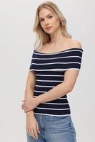 525 America Clothing Essie Stripe Off Shoulder Top Style 110026848 in Dark Blue;Striped Off the Shoulder Ribbed Top; 