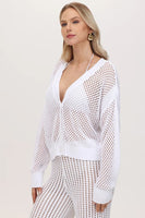 525 America Clothing Lisette: Pointelle Button Front Cardigan style 110021984 in Bleach White;Open Crochet Beach Cardigan; 