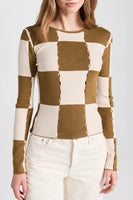 Moon River Clothing Checkerboard Sweater Top Style MRK8219 in Olive; 