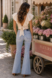 ASTR the Label Clothing Margo V-Neck Open Back Crop Top Style ACT19411 in Cream. Embroidered eyelet ruffle sleeve open back v-neck cotton top as Intentionally Styled at Bfree