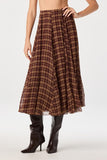 ASTR the Label Clothing Fiori Plaid Chiffon Godet Skirt style ACS9318PLD in Brown Plaid; Brown Plaid pleated chiffon skirt