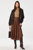 ASTR the Label Clothing Fiori Plaid Chiffon Godet Skirt style ACS9318PLD in Brown Plaid; Brown Plaid pleated chiffon skirt