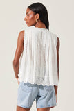 ASTR the Label Alisa Top Style ACT18755EM in Vanilla. Cotton Scalloped lace trimmed high low flowy sleeveless spring summer eyelet top