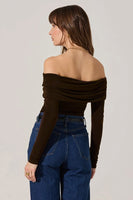 ASTR the Label Clothing Datia Ruched Off Shoulder Top Style ACT18877 in Brown;Brown Off The Shoulder Fall Top; 