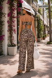 ASTR the Label Eva Pant Style ACP7429 in Brown Tropical. Back view of the brown botanical print scarf tank featuring adjustable straps, self-tie bow detail, and coordinating wide leg resort pants.