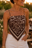 ASTR the Label Clothing Eva Top Style ACT19474 in Brown Tropical. Close-up of the Eva tank showing the straight neckline, adjustable spaghetti straps, and scarf-inspired pointed hem.