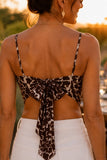 ASTR the Label Clothing Eva Top Style ACT19474 in Brown Tropical. Close-up of the adjustable spaghetti straps and elegant tie-back construction.