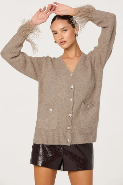 ASTR the Label Clothing Grie Embellished Feather Trim Cardigan Style ACT19213 in Taupe; Crystal Embellished Button Cardigan; Feather Sleeve Trim Cardigan, Casual Holiday Style