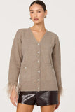 ASTR the Label Clothing Grie Embellished Feather Trim Cardigan Style ACT19213 in Taupe; Crystal Embellished Button Cardigan; Feather Sleeve Trim Cardigan, Casual Holiday Style