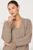 ASTR the Label Clothing Grie Embellished Feather Trim Cardigan Style ACT19213 in Taupe; Crystal Embellished Button Cardigan; Feather Sleeve Trim Cardigan, Casual Holiday Style