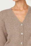 ASTR the Label Clothing Grie Embellished Feather Trim Cardigan Style ACT19213 in Taupe; Crystal Embellished Button Cardigan; Feather Sleeve Trim Cardigan, Casual Holiday Style
