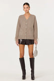 ASTR the Label Clothing Grie Embellished Feather Trim Cardigan Style ACT19213 in Taupe; Crystal Embellished Button Cardigan; Feather Sleeve Trim Cardigan, Casual Holiday Style