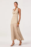 ASTR the Label Clothing Inez Mixed Media Halter Maxi Dress Style ACDR103452 in Natural. Linen Blend Halter Cowl Neck asymmetric knit bodice dress with a lightweight plissé chiffon skirt