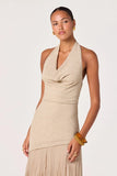 ASTR the Label Clothing Inez Mixed Media Halter Maxi Dress Style ACDR103452 in Natural. Linen Blend Halter Cowl Neck asymmetric knit bodice dress with a lightweight plissé chiffon skirt