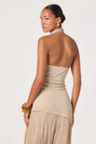 ASTR the Label Clothing Inez Mixed Media Halter Maxi Dress Style ACDR103452 in Natural. Linen Blend Halter Cowl Neck asymmetric knit bodice dress with a lightweight plissé chiffon skirt