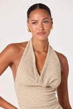 ASTR the Label Clothing Inez Mixed Media Halter Maxi Dress Style ACDR103452 in Natural. Linen Blend Halter Cowl Neck asymmetric knit bodice dress with a lightweight plissé chiffon skirt
