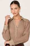 ASTR the Label Clothing Laurel Diamond Print Long Sleeve Top Style ACT17840PI in Brown Plaid; Brown Diamond Plaid Printed Blouse Top