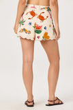 ASTR the Label Clothing Margo Pleated Linen High-Rise Shorts Style ACP7419NC in Island Sketchbook. Linen blend, summer island theme sketch printed, pleated, scalloped hem, spring summer shorts