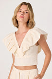 ASTR the Label Clothing Margo V-Neck Open Back Crop Top Style ACT19411 in Cream. Embroidered eyelet ruffle sleeve open back v-neck cotton top