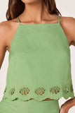 ASTR the Label Clothing Taniya Embroidered Linen Tank Top Style ACT19437 in Green. Linen blend embroidered shell cutout and scalloped hem spring summer spaghetti strap top