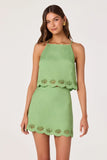 ASTR the Label Clothing Taniya Embroidered Linen Tank Top Style ACT19437 in Green. Linen blend embroidered shell cutout and scalloped hem spring summer spaghetti strap top