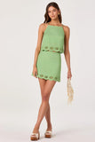 ASTR the Label Clothing Taniya Skirt Style ACS9370 in Green. Linen Blend Embroidered Shell Cutout Scalloped Hem Spring Summer Mini Skirt