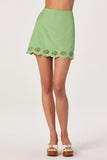 ASTR the Label Clothing Taniya Skirt Style ACS9370 in Green. Linen Blend Embroidered Shell Cutout Scalloped Hem Spring Summer Mini Skirt