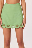 ASTR the Label Clothing Taniya Skirt Style ACS9370 in Green. Linen Blend Embroidered Shell Cutout Scalloped Hem Spring Summer Mini Skirt