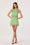 ASTR the Label Clothing Taniya Skirt Style ACS9370 in Green. Linen Blend Embroidered Shell Cutout Scalloped Hem Spring Summer Mini Skirt