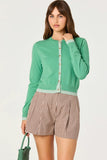 ASTR the Label Clovis Cardigan Style ACT19375 in Green Color Block. Women's Color Block, Button Front Spring Cardigan.
