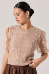 ASTR the Label Elize Sweater Style ACT19008 in Natural; Organza puff sleeves with embroidered floral applique cable knit sweater