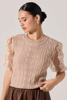 ASTR the Label Elize Sweater Style ACT19008 in Natural; Organza puff sleeves with embroidered floral applique cable knit sweater